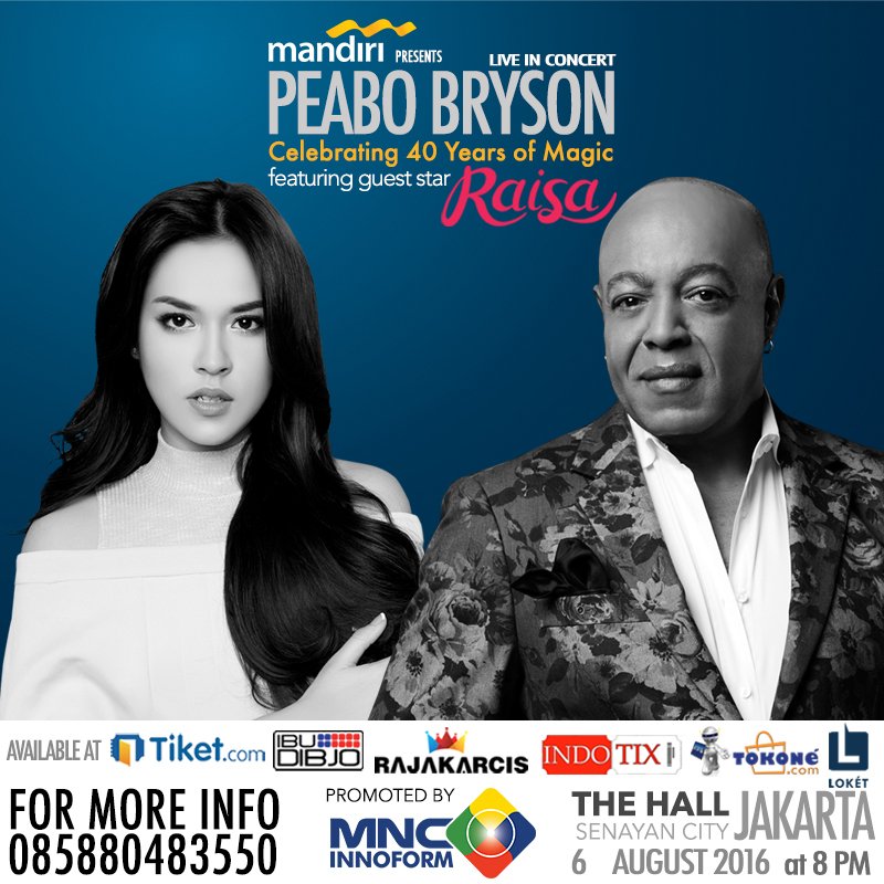 Celebrating 40 years of magic, <a href="/PeaboBryson2/">Peabo Bryson</a> Live in Concert, feat. <a href="/raisa6690/">Raisa Andriana</a>. Sabtu 6/8 only on #PeaboBrysonJKT