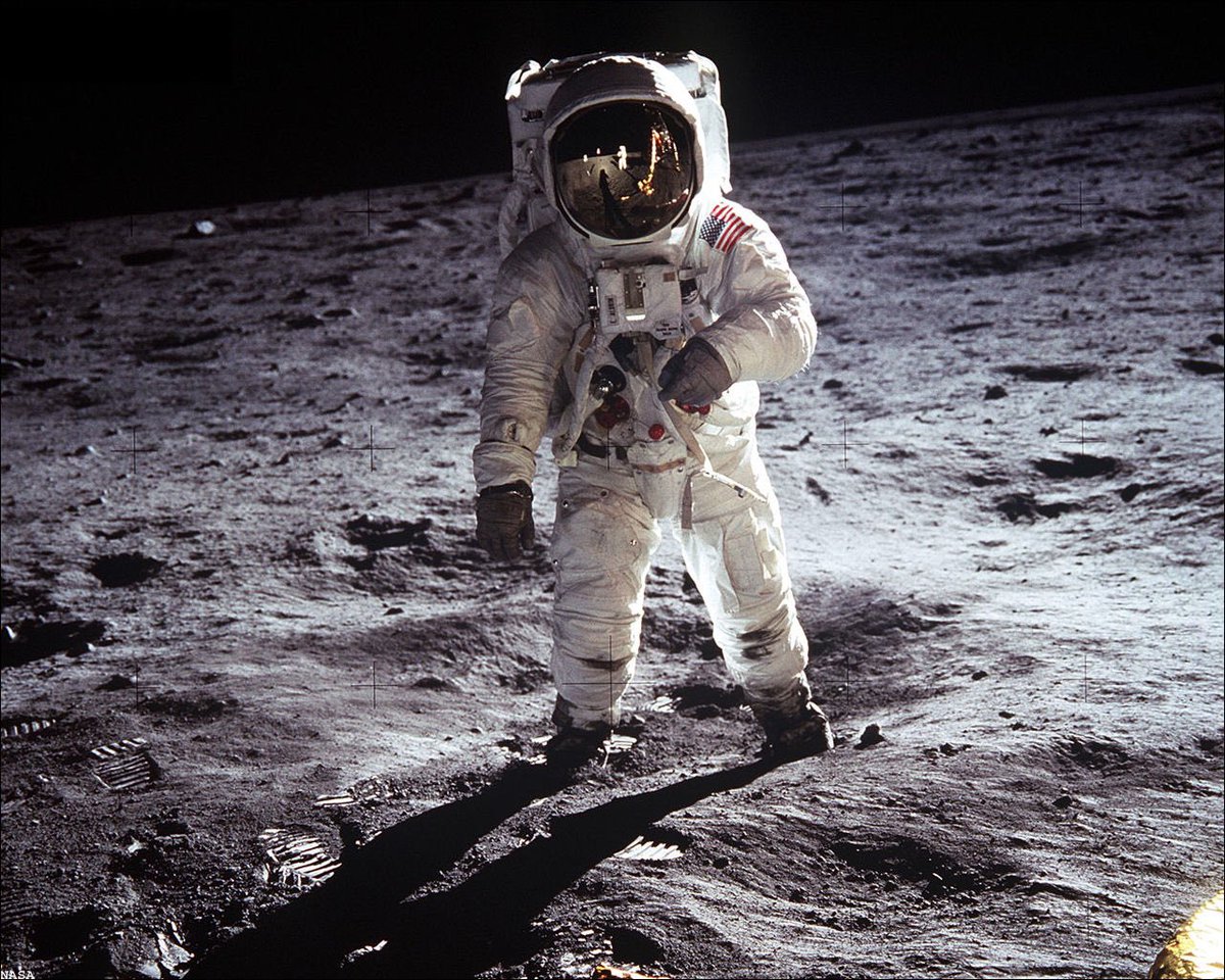 TheRealBuzz's tweet image. The visor photo #NeilArmstrong took of me on the moon was very spontaneous. He said "stop right there". #Apollo11