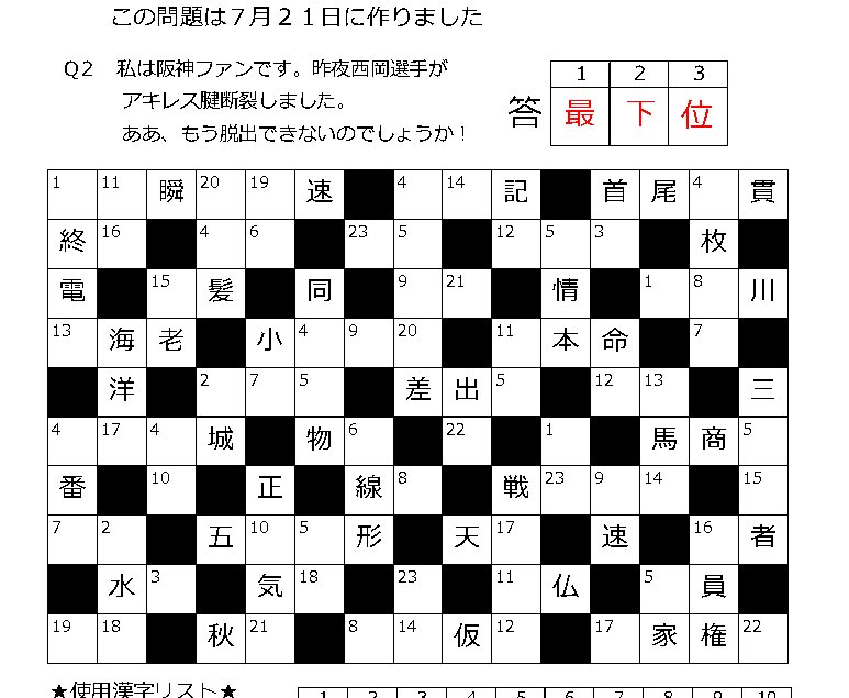 コンビニ印刷パズル百円 黒巣和堂 ああ 西岡がアキレス腱断裂の瞬間を見てしまった ９回裏の六甲おろし合唱も 絶望しながら 最下位 が答えの漢字ナンクロ作った 一番星 クロス 漢字 パズル １０月７日号に載せます 阪神タイガース 漢字検定 パズル