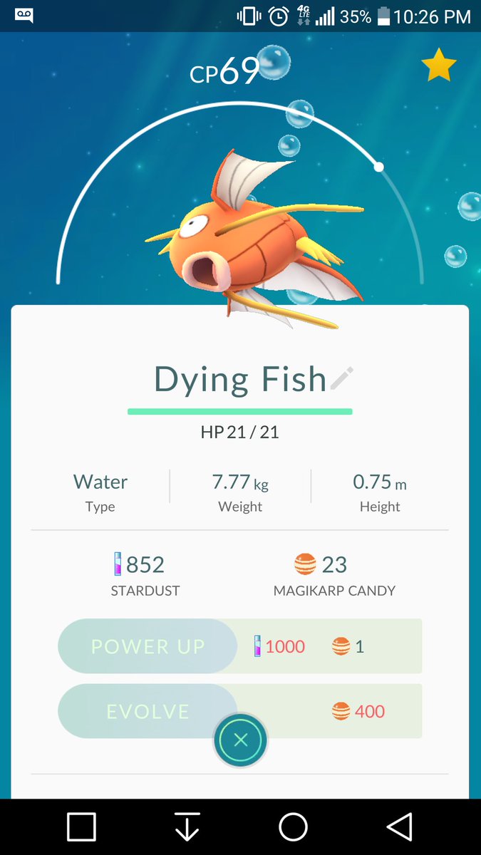 Life0fDavid's tweet photo. Out of all of the Pokémon I've caught, this one is my favorite #dyingfish #magikarp #PokemonGO https://t.co/quT0dTAxrg