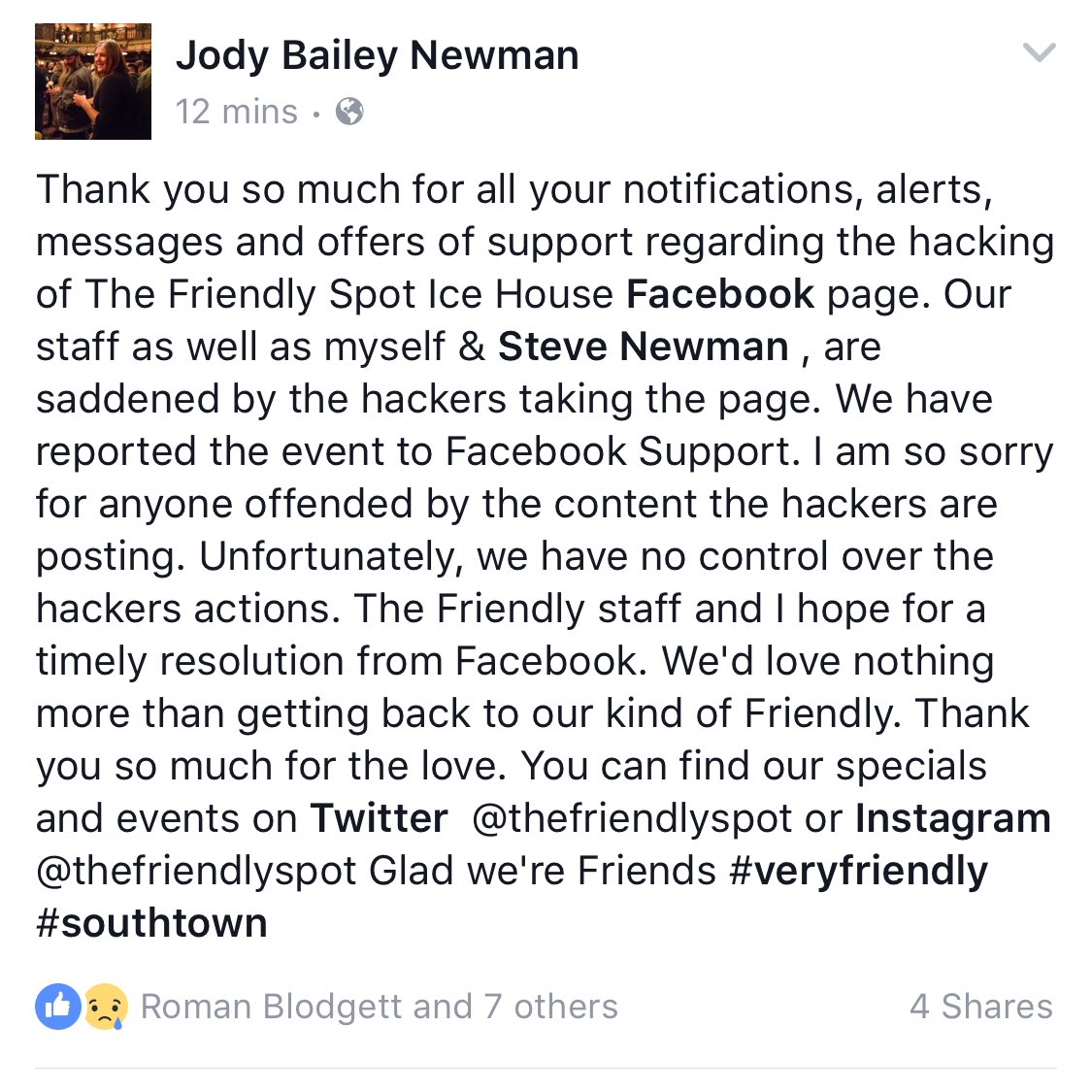 thefriendlyspot's tweet photo. A word from our #ChiefFriend about the hacking of our official @facebook page. Glad we're #Friends #southtown https://t.co/meTkhuC5tv