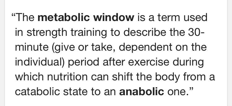 Metabolic window=30-60 minutes after exercise where you need to replenish the body's nutrients. #metabolic #anabolic