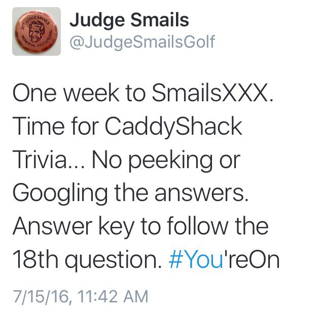 JudgeSmailsGolf's tweet photo. 11. What is the name of Dr. Beeper's patient that gets a hose snaked down her nose? #CaddyShackTrivia https://t.co/YCLZTtpHql