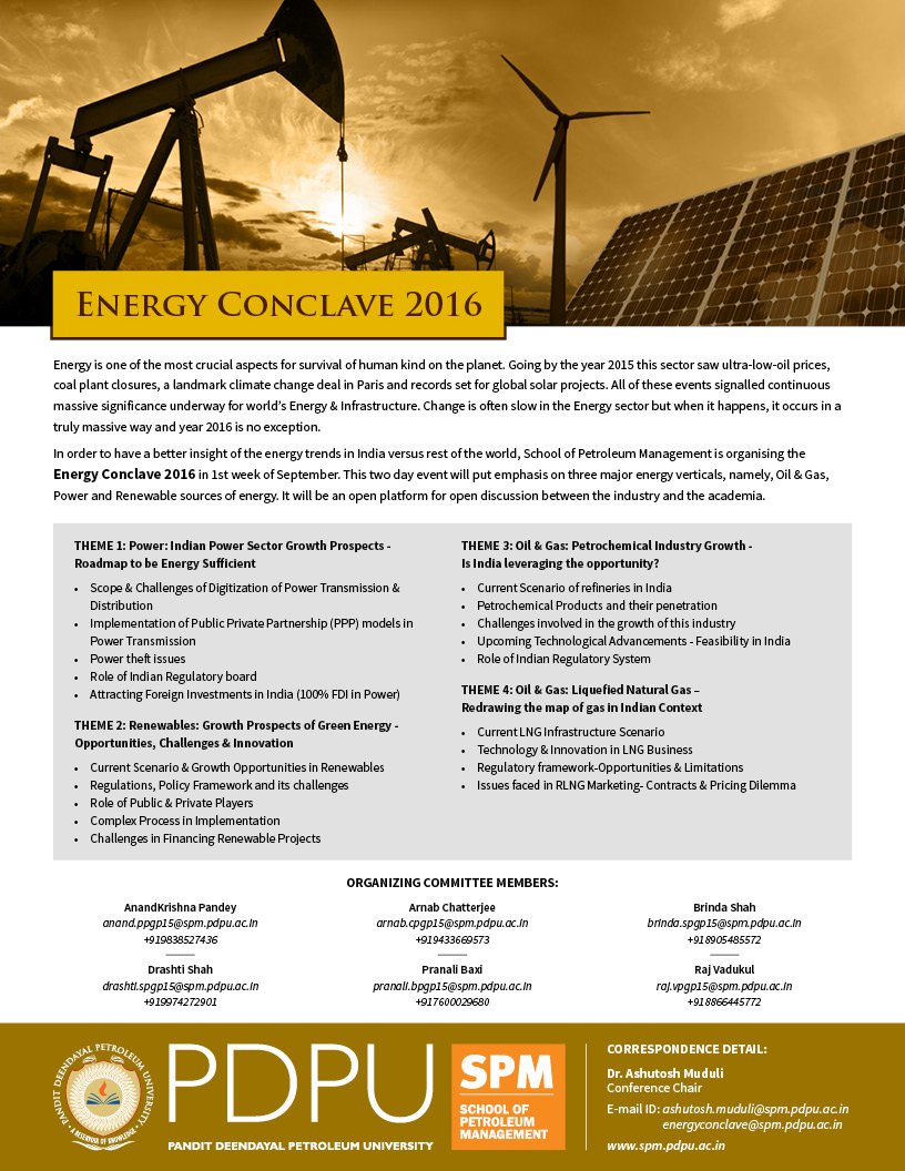 SatishPan2013's tweet photo. Get ready to #EnergyConclave2016 @spmpdpu #Energy #Power #RenewableEnergy #OilGas #solar #CleanEnergy  9-10 Sep 2016 https://t.co/3g6i7XT2OQ