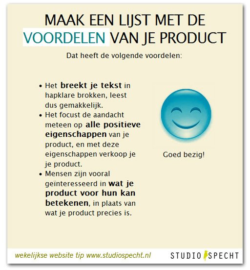 StudioSpecht's tweet photo. #website #tip: zo benadruk je de #voordelen van je product. Voor meer tips: https://t.co/24i9xz78tO https://t.co/AHAkQhWGca