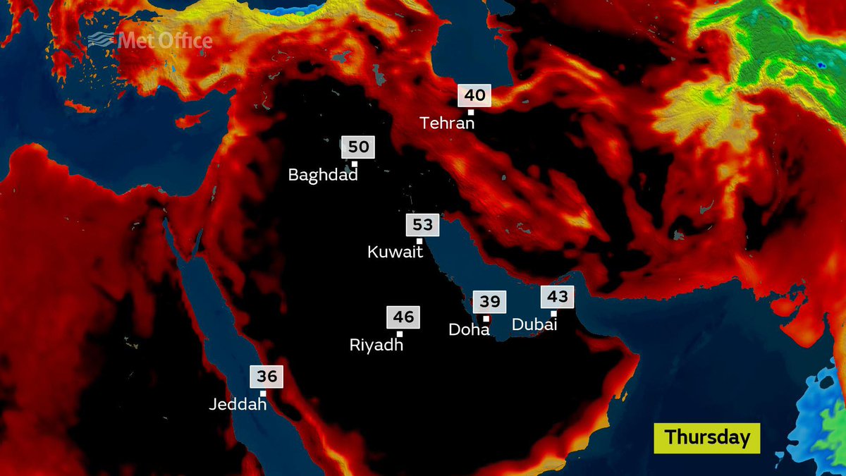 metoffice's tweet photo. Thought it was hot in the UK? Look at the temperature in #Kuwait! They could break their record of 53.8 °C today https://t.co/GkIvbqV1vT