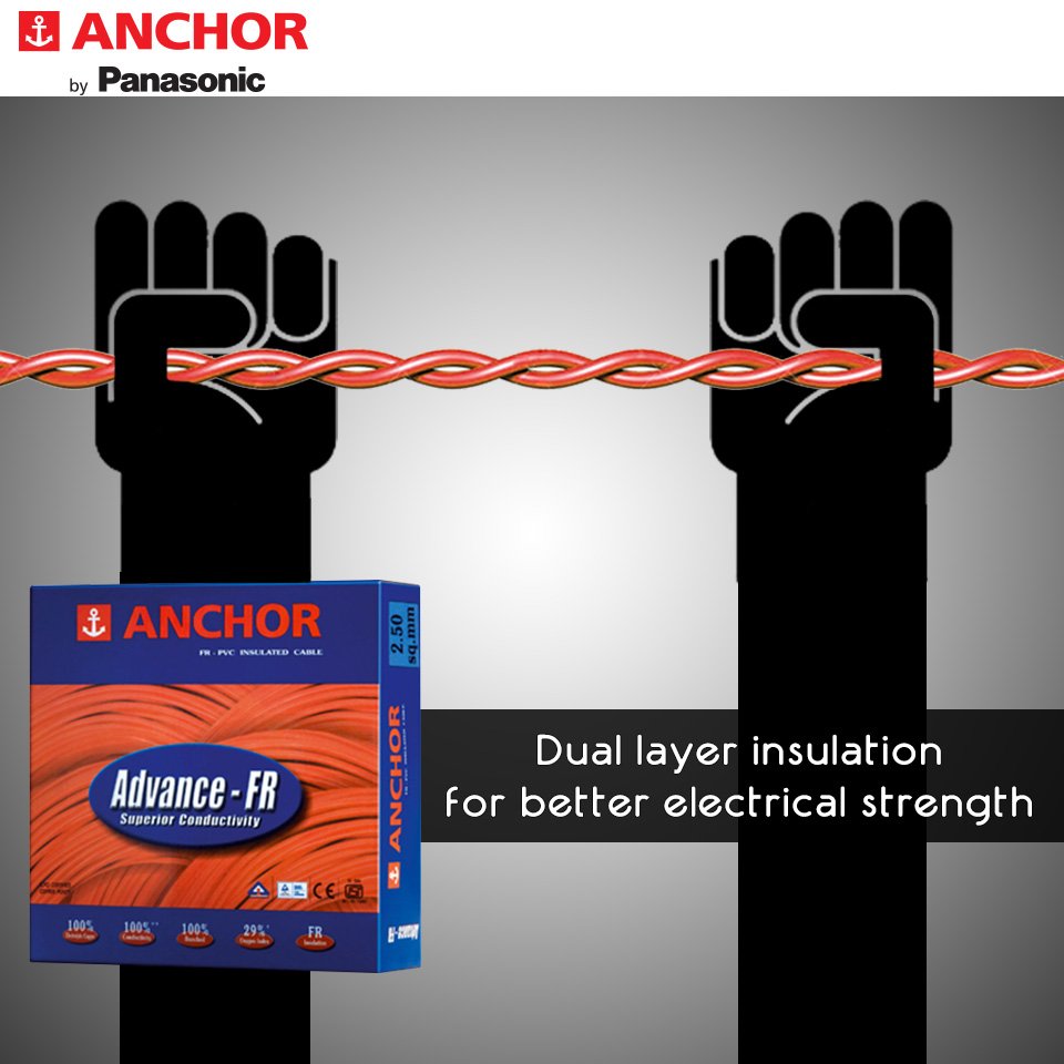 AnchorPanasonic's tweet photo. Dual layer in insulation with Anchor advance FR wires that provide better electrical strength #HomeIsWhereSmartIs. https://t.co/wUYu79kBuL