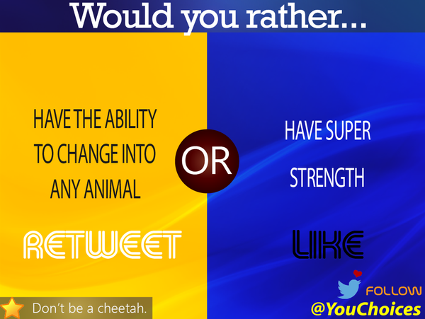 YouChoices's tweet image. Animals or strength?