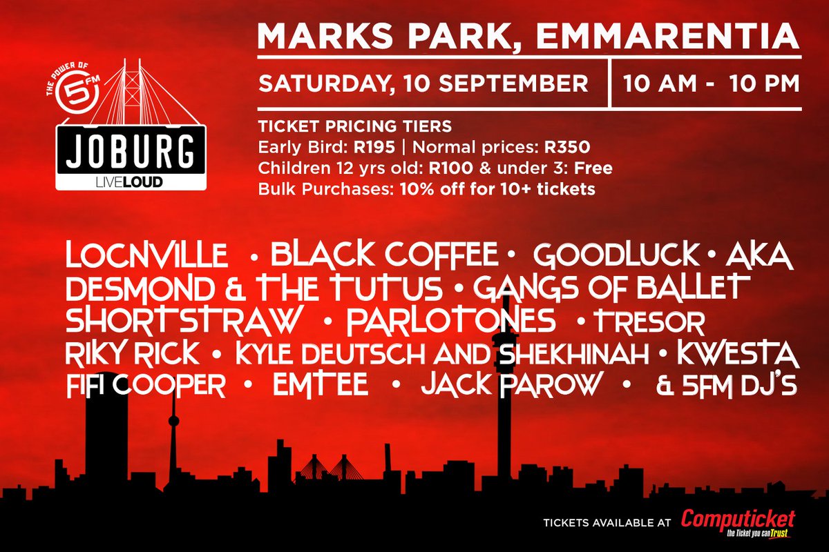 5FM's tweet photo. It's a 100% HOT Local Line Up for #JoburgLIVELOUD. Get prices &amp; details at https://t.co/LqiY6OG28z https://t.co/sxZTBuP3MF