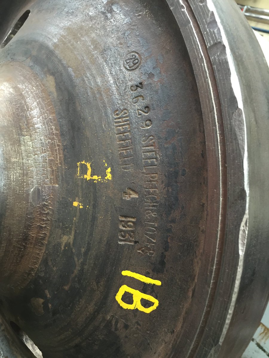 DorlecLimited's tweet photo. Restoration work on LCC01 look at the interesting age stamp on wheels &amp; tyres of the #bluebird #LCC01 @crichtramway https://t.co/nPkBS1ErM6