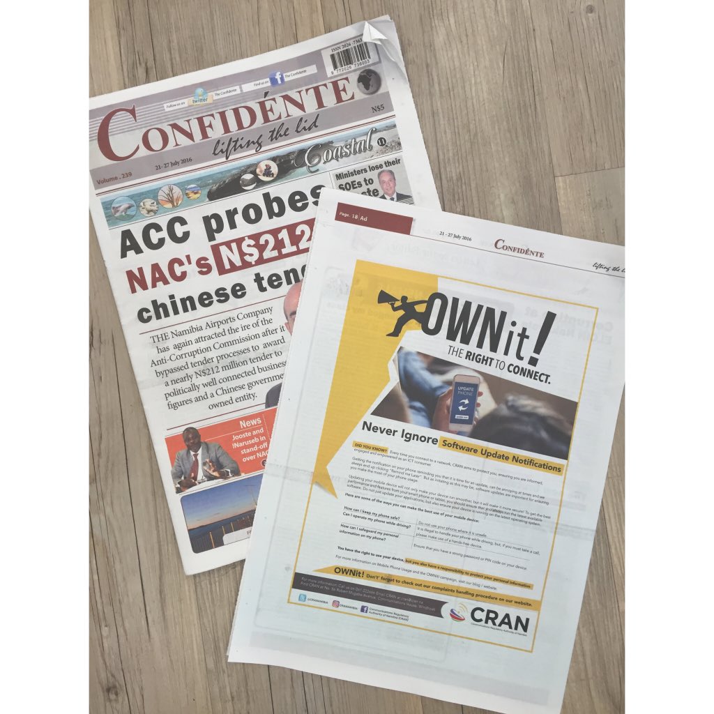 CRANamibia's tweet photo. #OWNit Engage: Have you updated your software yet? #MobilePhoneUsage is in @theconfidente from 21 - 27 July! 📰 https://t.co/UPn3rapep9