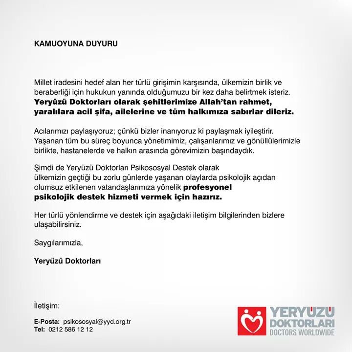 İlk dakikadan itibaren meydanlarda, acillerde halkımızın yanındaydık, psikososyal destek hizmeti için de hazırız.