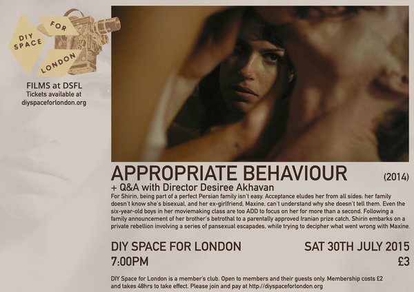 <a href="/AppropriateFilm/">Appropriate Behavior</a> will be screening <a href="/diyspace4london/">DIY Space for London</a> July 30th &amp; I'll be there! Buy tix here tickets.partyforthepeople.org/events/2181-fi…