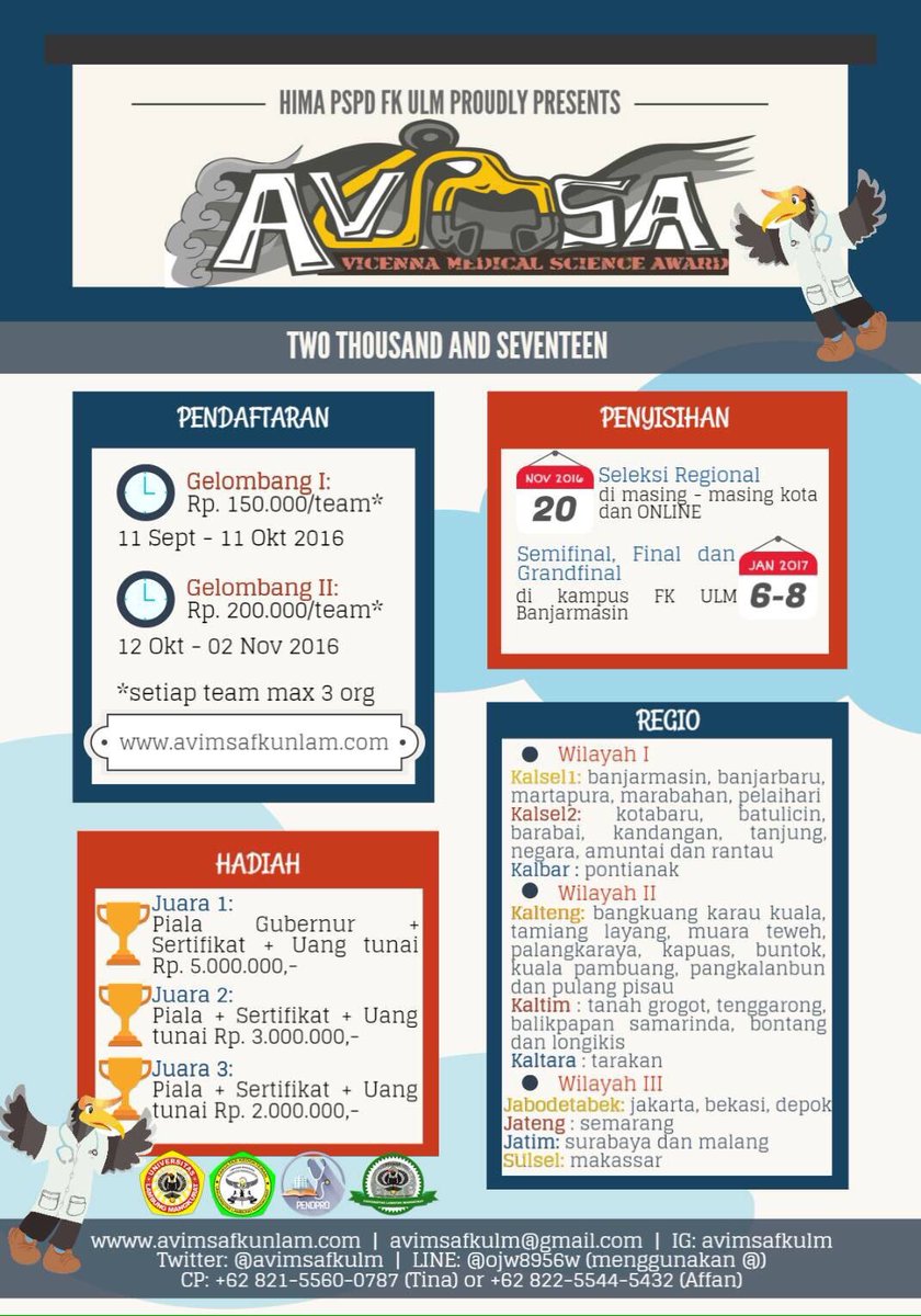 AVIMSAFKULM's tweet photo. Hai!
AVIMSA akan diadakan 6-8 Januari 2017
Gmn cara regist dan apa aja hadiahnya? Cek gambar ini ya😉
siapkan tim mu! https://t.co/4zAkDLbpa4