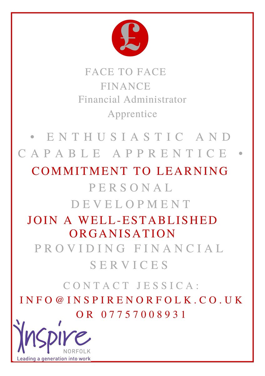 Financial Administrator Apprentice - Face To Face Finance buff.ly/29PO6ot Contact: info@inspirenorfolk.co.uk