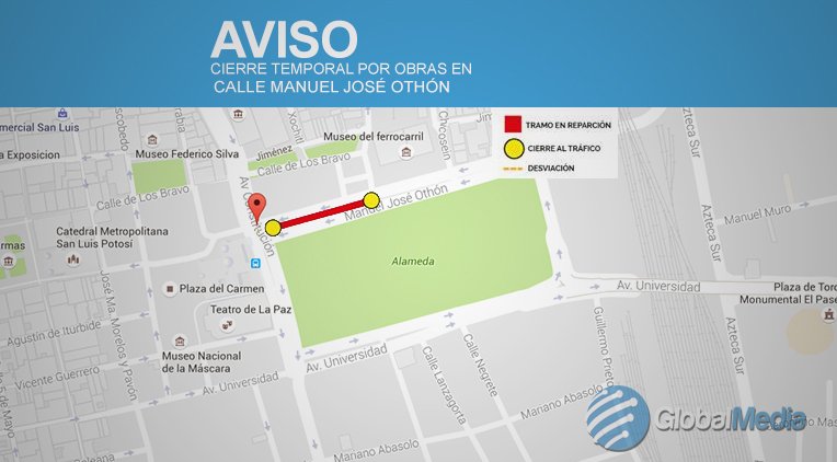 Globalmediamx's tweet image. ¿Qué #vialidades se cierran por #Obras de #Othón?  #SLP #Local 

bit.ly/29YITee