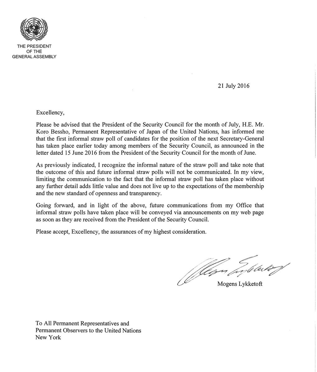 Karel Van Oosterom First Straw Poll For New Secretary General Un Has Been Held In Security Council Results Confidential Letter Pga