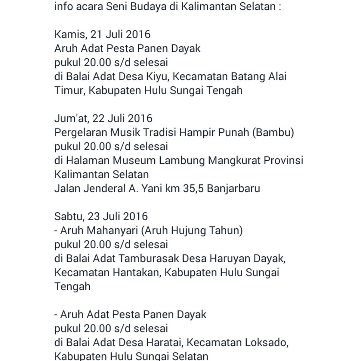 Info acara Seni Budaya diKalsel
<a href="/visitkalsel/">#visitkalsel</a> <a href="/Seputar_Bjb/">#Banjarbaru</a> <a href="/WargaBanua/">📍BANJARMASIN, KALIMANTAN SELATAN</a>  <a href="/Senibdayakalsel/">Seni Budaya Kalsel</a> @dayaklover <a href="/SeputarBarabai/">Disporabudpar HST</a>