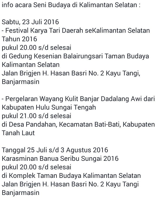 Info acara Seni Budaya di Kalsel :
<a href="/visitkalsel/">#visitkalsel</a> <a href="/WargaBanua/">📍BANJARMASIN, KALIMANTAN SELATAN</a> <a href="/Instakalsel/">Banjarmasin Kalsel</a> <a href="/bjmUpdate/">#BanjarmasinINFO</a> <a href="/Senibdayakalsel/">Seni Budaya Kalsel</a> <a href="/Seputar_Bjb/">#Banjarbaru</a>