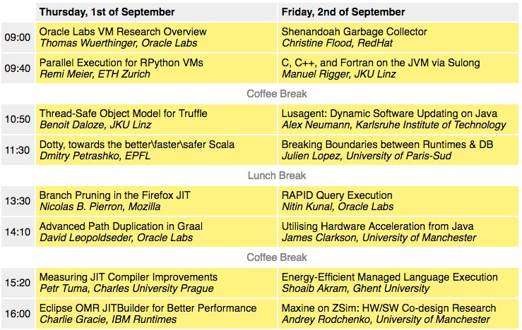 thomaswue's tweet photo. Schedule of VMM 2016! Researchers of RedHat, @mozilla, @ETH, @EPFL, @IBM, @Oracle, ... See https://t.co/tPmRYd7DeI. https://t.co/GPWBAXxE8m