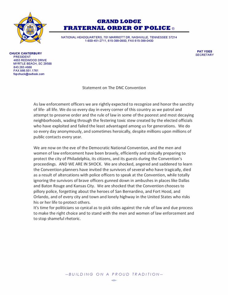 <a href="/GLFOP/">National Fraternal Order of Police (FOP)</a> release on the Democratic National Convention
