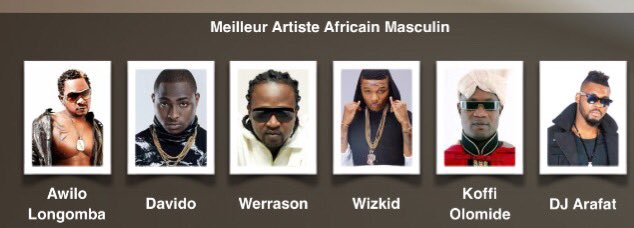 AfrocaAwards's tweet photo. Nominés #Meilleur #Artiste #Africain #Masculin @iam_Davido @yorobo86 @AwiloLongomba @wizkidayo @werrasonofficie https://t.co/JMWHEUdgpq
