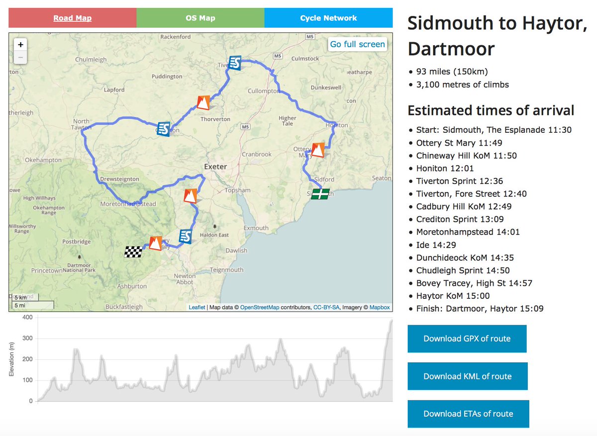Yahoo! Our updated route page now has estimated timings for #Devon #ToB2016 stage 6.  devontourofbritain.co.uk/route/