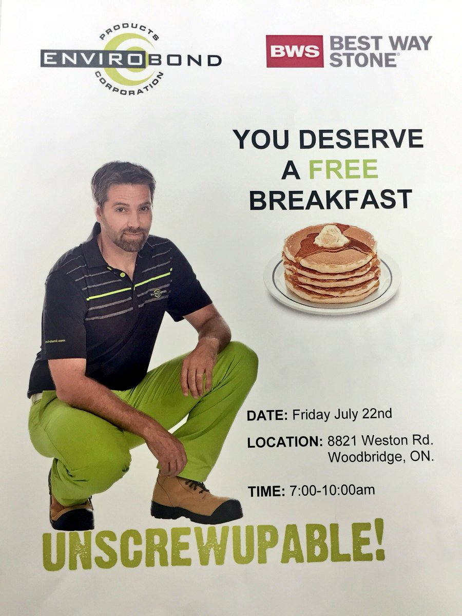 Stop by our #Woodbridge location for a pancake breakfast w/  <a href="/ENVIROBOND/">ENVIROBOND</a> tmrw &amp; find out how it's #UNSCREWUPABLE!