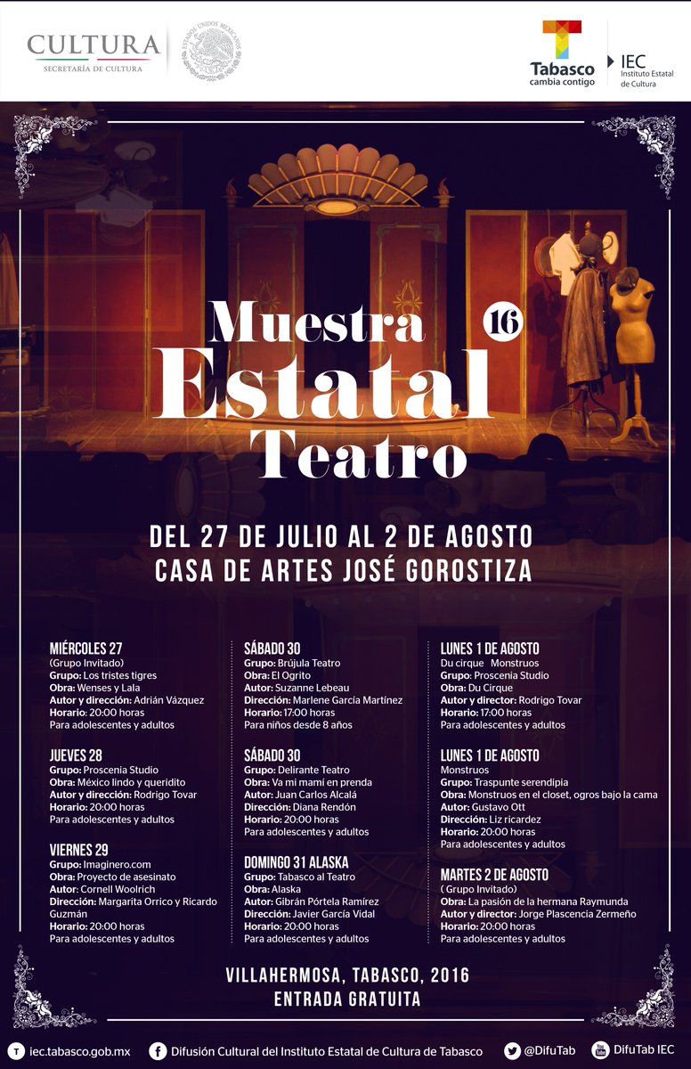 Del 27 de julio al 02 de agosto disfruta la Muestra de Estatal de Teatro 2016, en la Casa de Artes José Gorostiza
