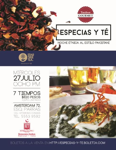 No te pierdas esta cena única de cocina tradicional pakistaní con especias y te. <a href="/RTandoor/">Restaurante Tandoor</a> Condesa y <a href="/STARTREETEA/">STAR TREE TEA</a>