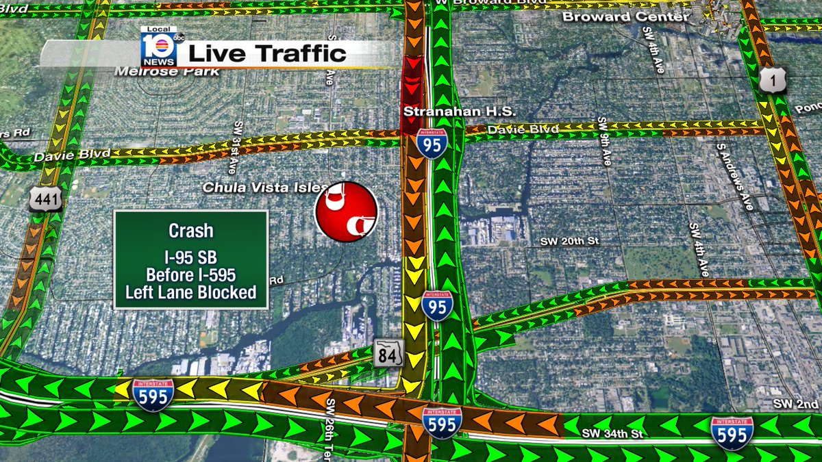CRASH: I-95 SB before your approach to I-595. One lane is blocked. Expect delays. #TRAFFIC https://t.co/93ROTbWfg6