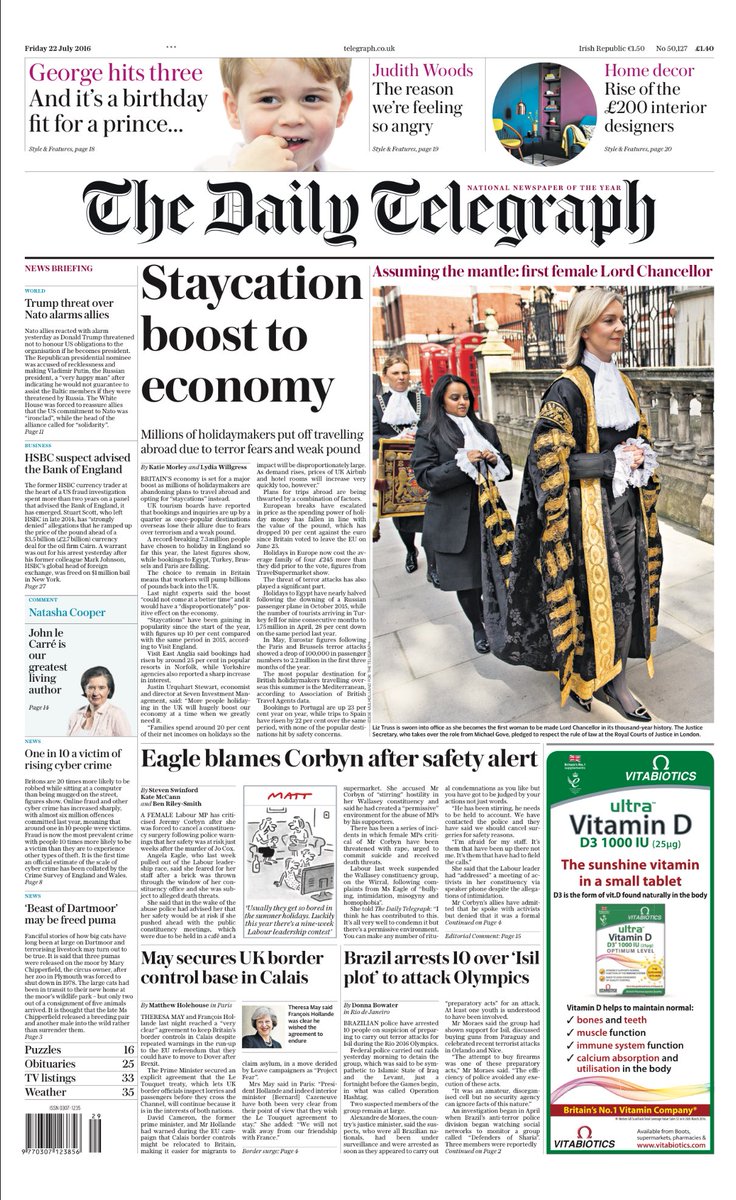 hendopolis's tweet image. TELEGRAPH: Staycation boost to economy #tomorrowspaperstoday #bbcpapers
