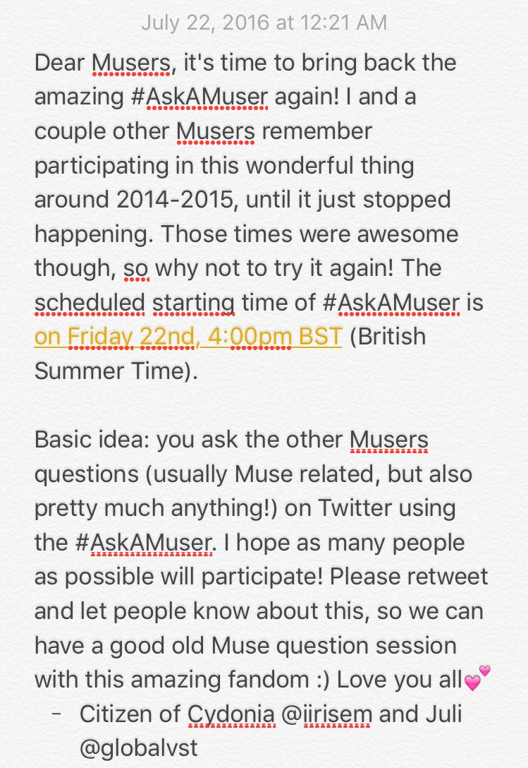 iirisem's tweet image. ✨ DEAR MUSERS ✨

#AskAMuser is happening tomorrow, on Friday 22nd, 4:00pm BST (British Summer Time). Please RT! 💗