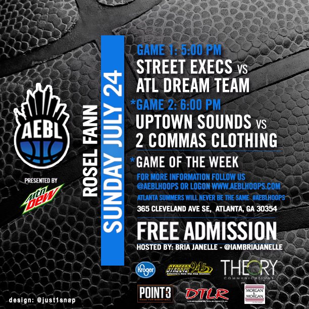 AEBLHOOPS's tweet image. Sunday lineup GM 1: @thestreetexecs vs #ATLDreamTeam GM 2 @uptownsounds (@louwillville) vs @2commasclothing #HoopATL