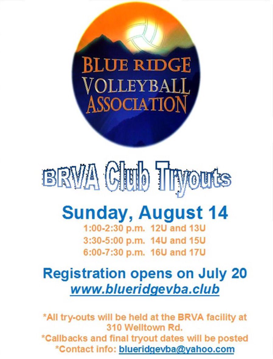 Come see us on August 14th for try outs! The BRVA family looks forward to seeing you there!🏐🏆