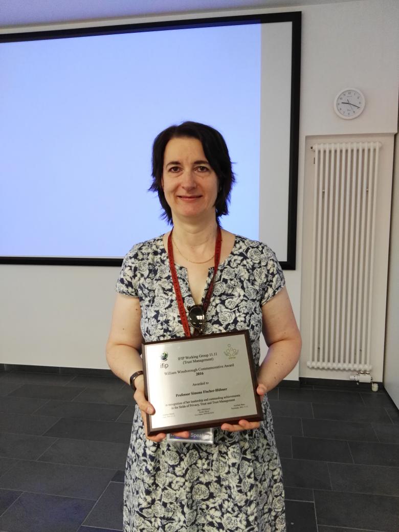IFIPTM's tweet photo. Prof. Simone Fischer-Hübner is the William Winsborough award recipient of 2016 #ifiptm #spw2016 https://t.co/IH420ImdVE