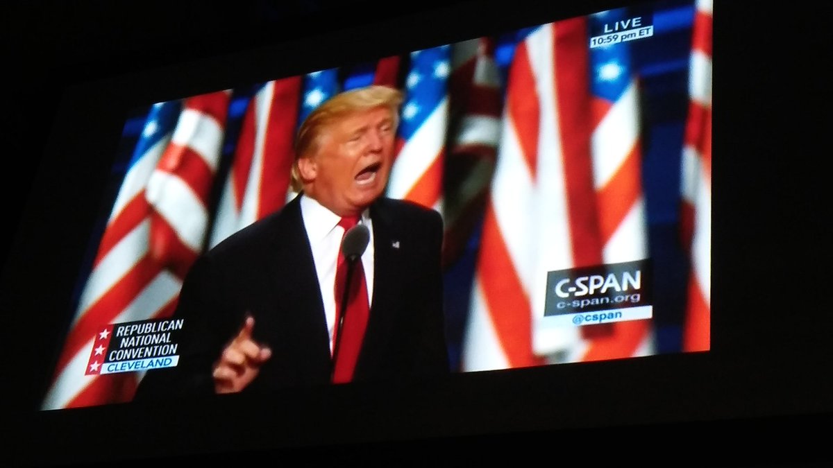 LCRCleveland's tweet photo. Watching TRUMP at Republican Party's Grays Armory Party. #cleGOParty 👍 https://t.co/lK8NHCnsxE