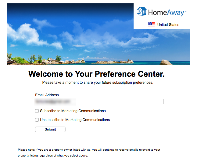 To unsubscribe from <a href="/homeaway/">Home away</a> emails I have to individually go to each of those links, check and click.