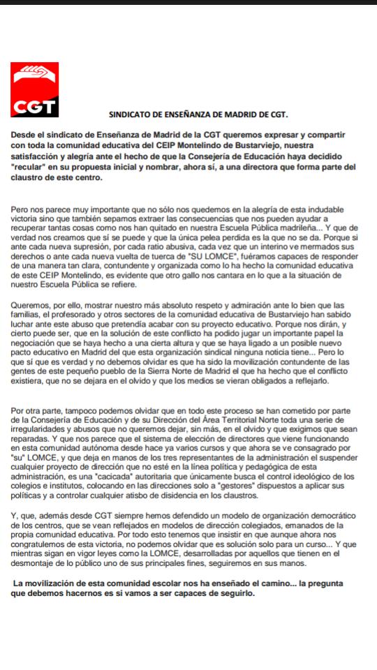 El CEIP Montelindo de #Bustarviejo consigue frenar la dirección impuesta a dedo. La lucha es el único camino