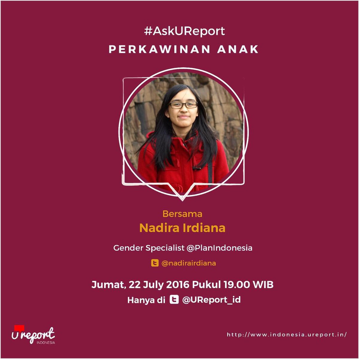debon's tweet photo. #AskUReport tentang Perkawinan Anak with Nadira! @UReport_id don't miss it! https://t.co/4DSbN8nlgR