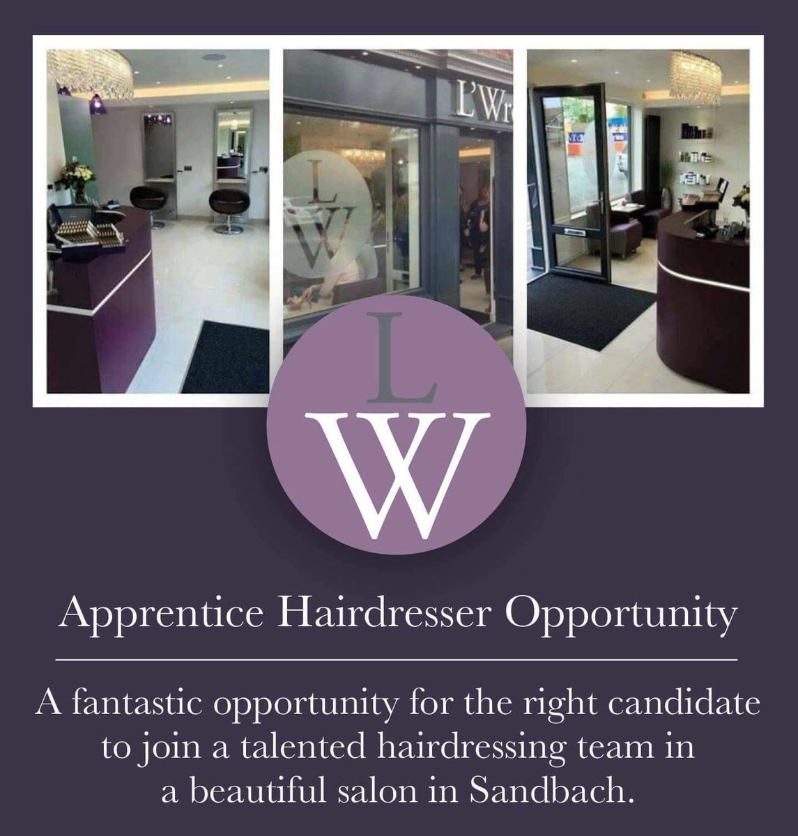 LWrenHairDesign's tweet photo. Apprentice opportunity! Please contact jenny_lwren@hotmail.co.uk @iSandbach #shoplocal 💜💜💜💜 https://t.co/nk1qTfqZ6J