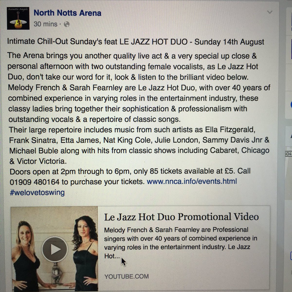 14th August.. Le Jazz Hot Duo @northnottsarena #gig #lejazzhotduo #jazz #swing #northnotts