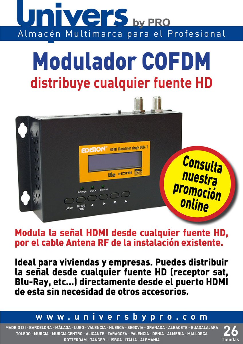 UniversbyPro's tweet photo. PROMOCIÓN MODULADOR COFDM DVB-T
Distribuye una fuente HD directamente desde el puerto HDMI
https://t.co/Ql18r6vYsq https://t.co/1zEyr56WTl
