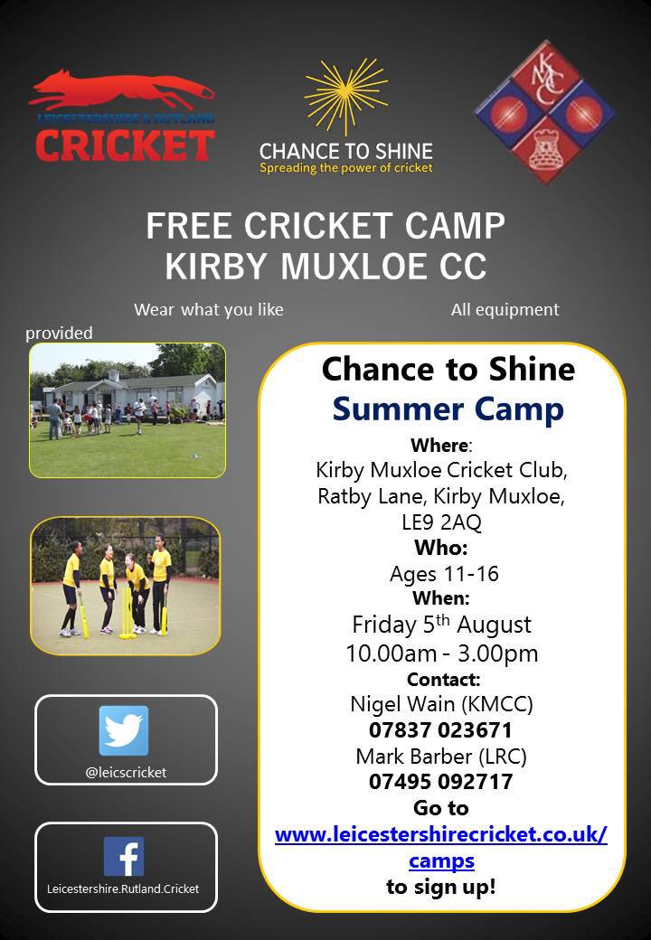 FREE LRC Cricket Camp for 11-16 yr olds <a href="/KirbyMCricket/">Kirby Muxloe CC</a> Fri 5th Aug Book on ow.ly/iit0302uYdu DM for more info