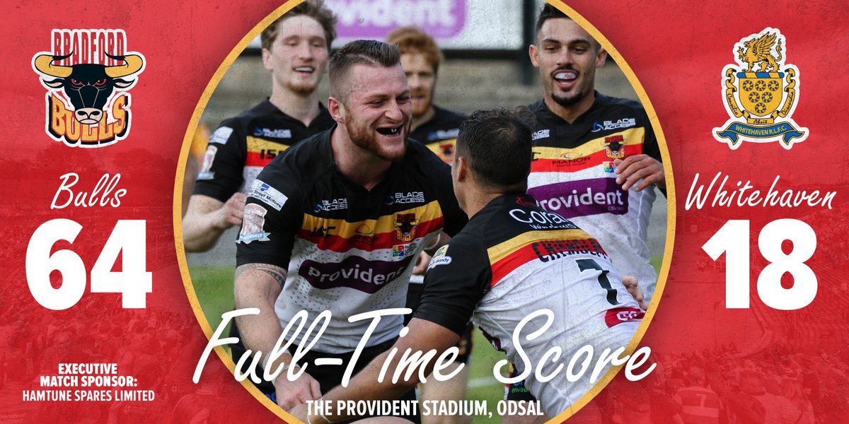 FULL-TIME: <a href="/OfficialBullsRL/">Bradford Bulls</a> 64-18 <a href="/OfficialHavenRl/">Whitehaven Rugby League</a>
