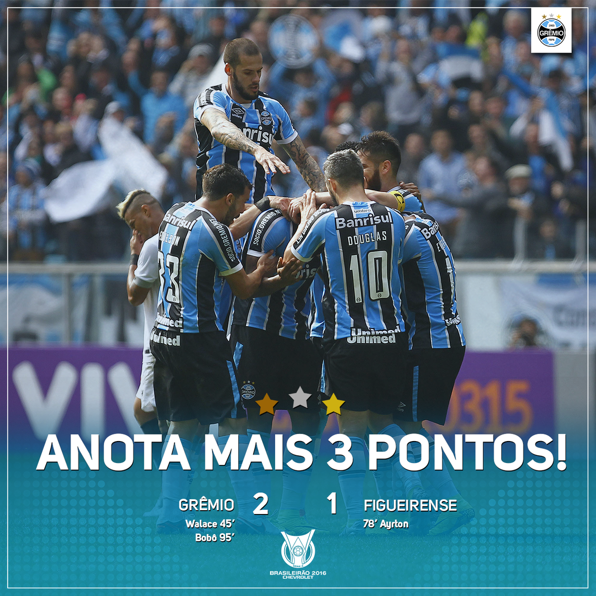 Gremio's tweet photo. Com gols de Walace e Bobô, vencemos e seguimos fortes no #Brasileirão2016! #GRExFIG https://t.co/ilpwfjNv66
