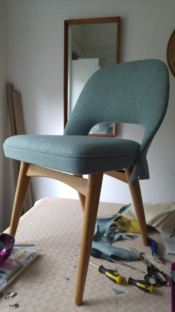 Last bit of hand sewing to do on two lovely #benchairs in @MoonFurnishing eau de nil wool.