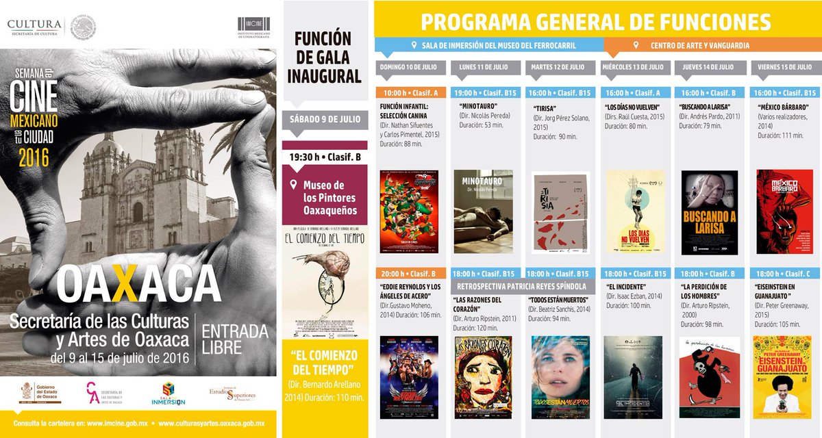 imcine's tweet photo. Oaxaca: Hoy, domingo 10 de julio, continúan las actividades de la #SemanaCineMx. Cartelera:  https://t.co/V90djTSrmW https://t.co/KFwU4kMJn1