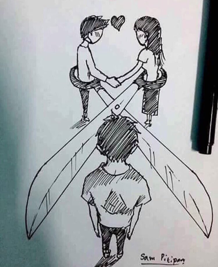 ______794's tweet photo. この絵ってすごい複雑。
両思いの２人が近づいたら
片思いの子がハサミで切られる。

この片思いの子が
この好きな子から離れたら
解決するっていう絵なんだろう。 https://t.co/UJrk9fziTq