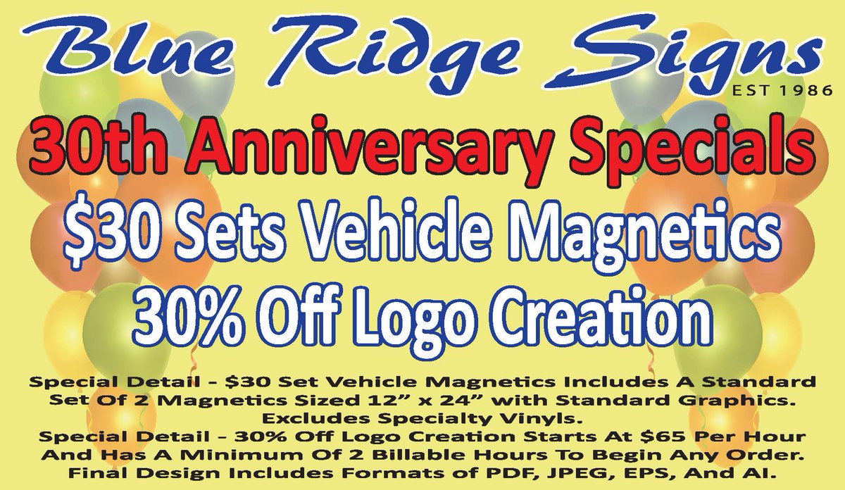 blueridgesigns's tweet photo. We are celebrating our 30th anniversary with great #specials! #Vehiclemagnetics #logocreation #weatherford #signs https://t.co/6NtbJCLpJU